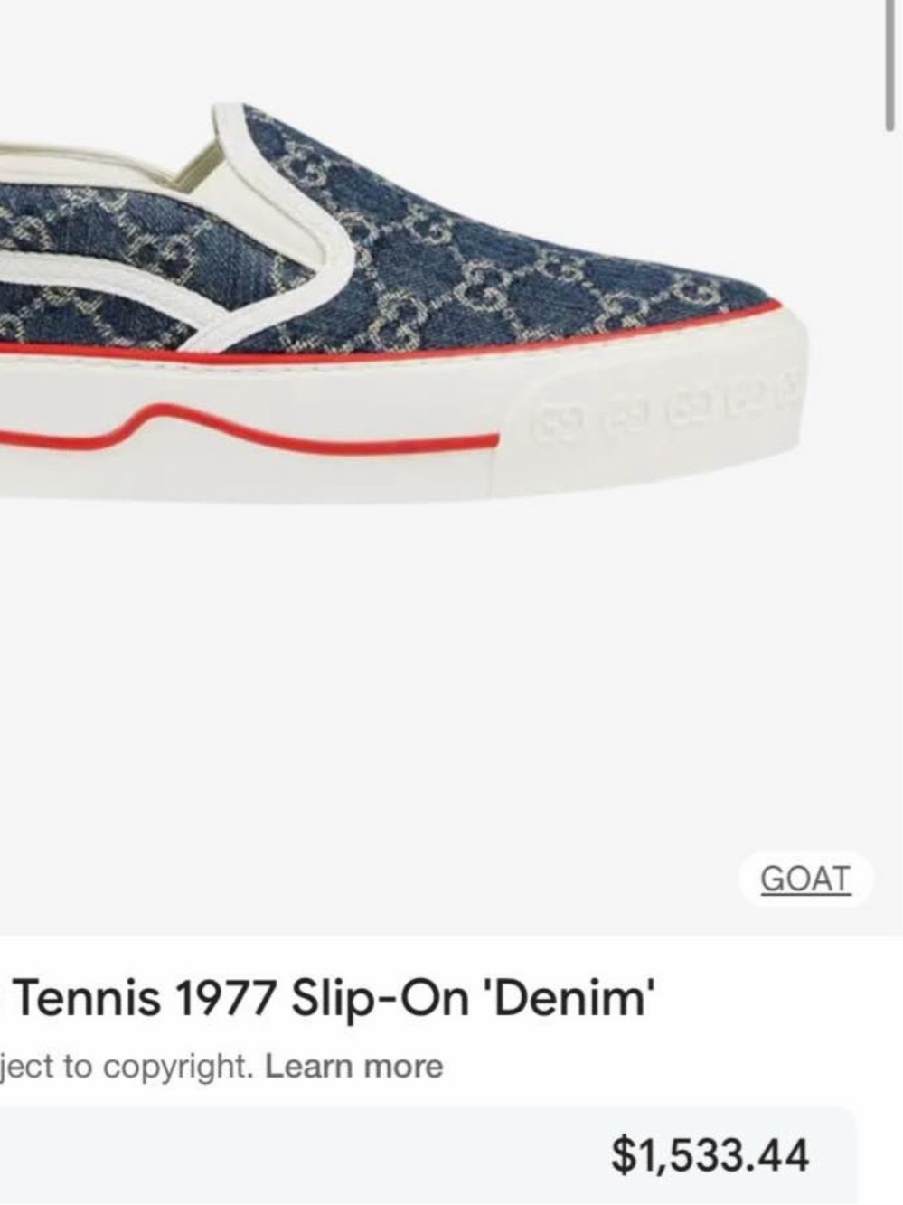 Gucci Denim GG Slip-On Sneakers in Blue & Red Trim Size 9 Ladies Shoe Size.
